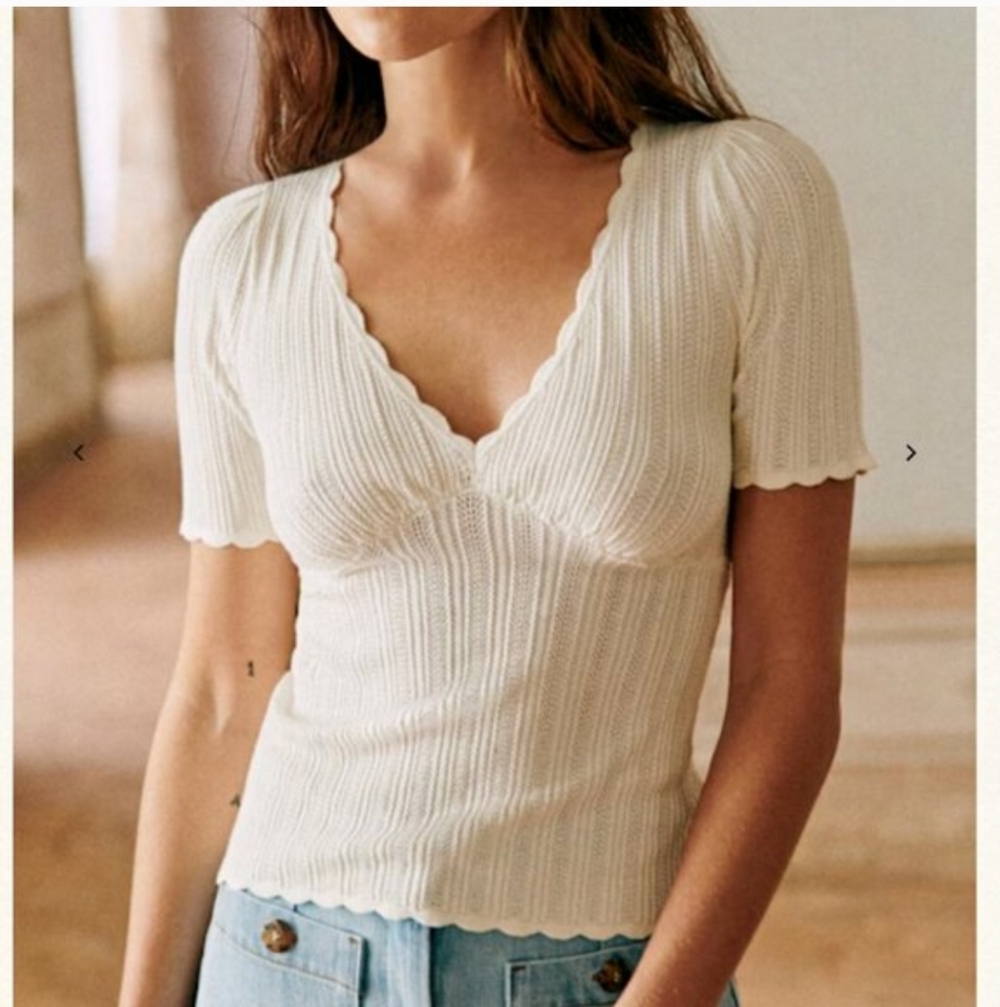 Sezane Cloe Jumper Medium Women's White Ribbed V Neck Top Blouse Shirt #20 - Picture 3 of 13
